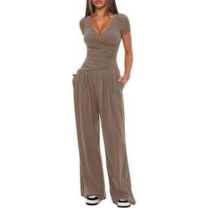 Close-up of women's dark coffee V-neck short sleeve top and wide-leg pants leisure set