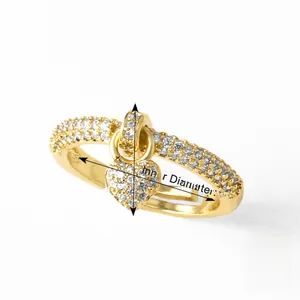 Detailed view of gold bow heart ring with measurements 11mm height and 17mm diameter