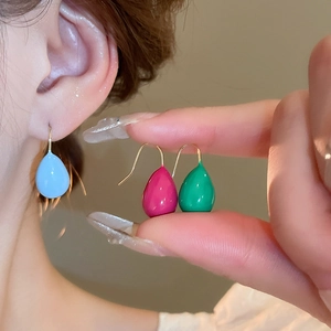 Minimalist teardrop earrings in blue, red, and green enamel with golden hooks