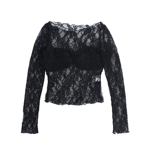 Detail of floral lace mesh pattern and scalloped edges on this elegant black long sleeve top