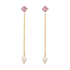 Macro shot of long gold tassel earrings with pink zircons and white freshwater pearls