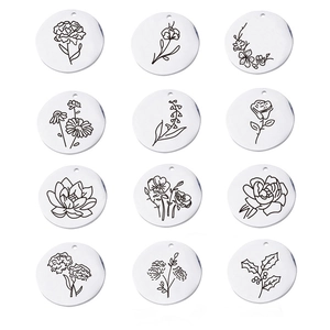Ensemble de 12 pendentifs en acier inoxydable avec motifs de fleurs d'anniversaire