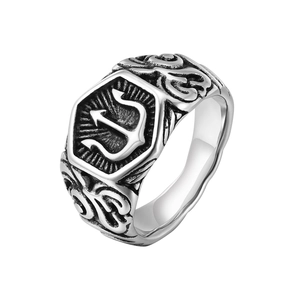 Vintage stainless steel trident ring with nautical clouds and antique silver finish