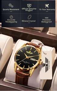 Close-up of golden quartz watch with brown leather strap and dual calendar display