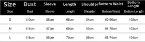 Detailed size guide table for women's pleated long-sleeve top and wide-leg pants set