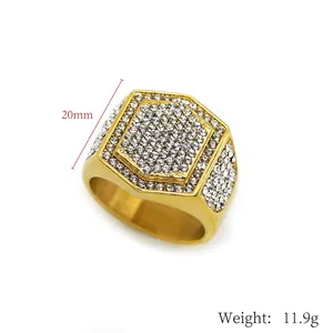Men's hip hop gold plated 316L stainless steel signet ring with micro paved clear crystals