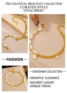 Detail of gold double-layered anklet with white beads, star and moon pendants