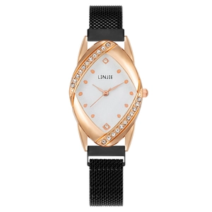 Elegant rose gold rhinestone watch with olive-shaped case and black magnetic mesh strap