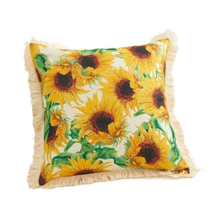 Linen cushion with vibrant sunflower digital print and beige fringe tassel decor