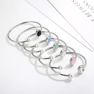 Bracelet Jonc Ouvert En Acier Inoxydable Pour Femmes Avec Künstliche Perle De Nacre Et Cristal Coloré Bijoux De Mode