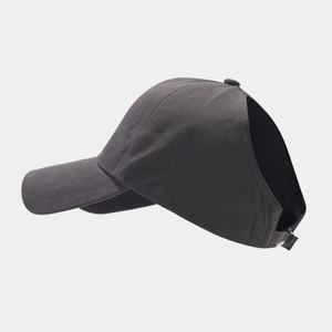 Detail of dark grey ponytail baseball cap with large back opening for high hairstyles