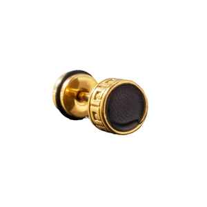 Men's gold steel round stud earring with Greek key pattern and black enamel center