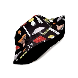 Unisex black bucket hat with colorful mushroom print, foldable outdoor sun protection cap