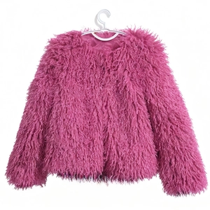 Detailed close-up of fluffy rose pink faux fur coat with a round neck and soft texture