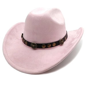 Detail of pink faux suede cowboy hat featuring leather band and ox head metal buckle