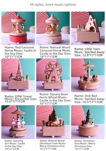 Collection of nine wooden music box designs including carousel and ferris wheel models
