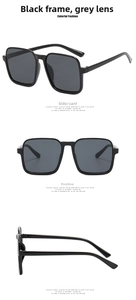 Three-view layout of oversized black square sunglasses with grey lenses and thick frame