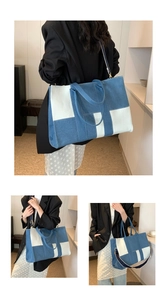 Detail view of large capacity colorblock denim tote bag with H-shaped patchwork design