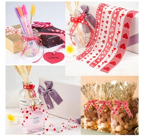 Detail of red heart pattern ribbons used for wedding gift wrapping and flower decoration