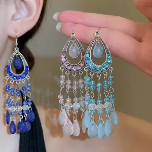Bohemian Tassel Drop Earrings Teardrop Rhinestone Glass Beads 925 Sterling Silver Earring Post Ethnic Jewelry For Women