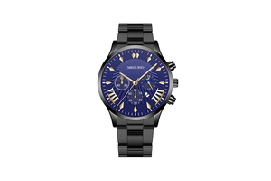 Detail shot of the blue sunburst dial with gold roman numerals and sub-dials on a steel watch
