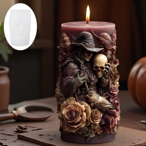 Vela tallada de bruja gótica y calavera con molde de silicona para Halloween