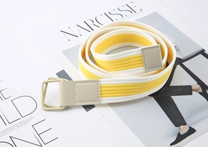 Detail of yellow and white striped canvas belt with double ring buckle on a magazine background
