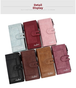 Detailed view of long PU leather wallets in multiple colors with textured finish