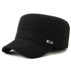 Winter thermal black flat top cap with ribbed fabric and side metal logo for men