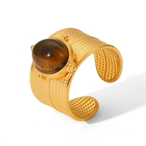 French vintage 18k gold plated stainless steel ring with oval brown stone and textured band