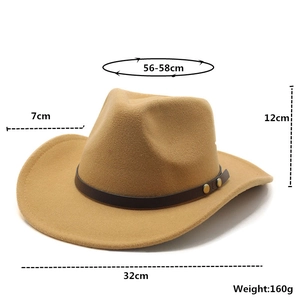 Detailed view of khaki wool cowboy hat with dimensions showing 56-58cm head size