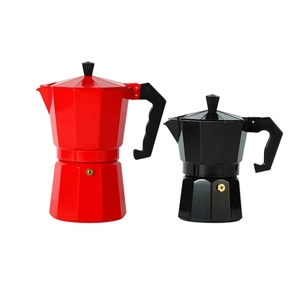 Classic aluminum Moka pots in red and black with an octagonal design for espresso