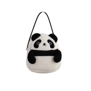 Cute panda plush shoulder bag with black strap and soft faux fur texture for women