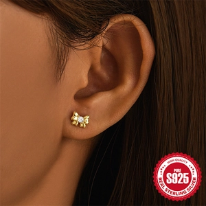 925 Sterling Silver Bow Stud Earring with Gold Base and Sparkling Zircon Stone