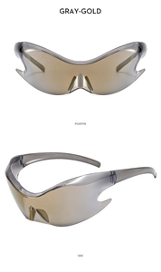 Dual view of gray-gold Y2K futuristic sunglasses showing front and side profile views