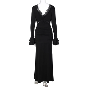 Detail of elegant V-neck lace neckline and waist cutout on a black slim fit maxi dress