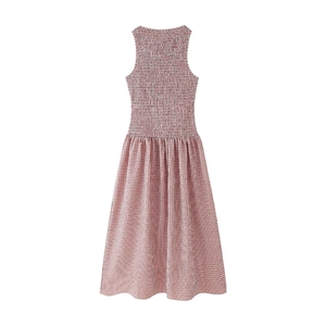 Elegant sleeveless red gingham midi dress with smocked bodice and A-line silhouette