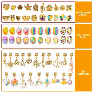 Detailed assortment of 60 DIY bracelet charms including beads and themed pendants