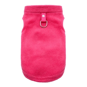 Detailed view of rose pink fleece dog vest with metal D-ring for leash attachment