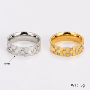 Silver and gold stainless steel checkerboard rings with zircon stones in 6mm width