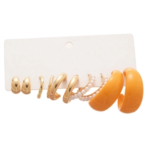Chic 6-pair acrylic and pearl C-shaped hoop earring set in gold and orange finish