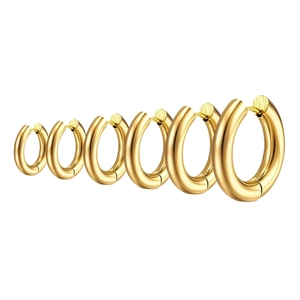 Classic gold titanium steel hoop earrings set in six various sizes on a white background