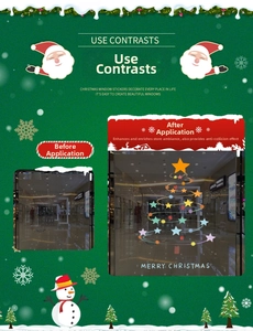 Detailed view of colorful star Christmas tree window decal and Merry Christmas lettering