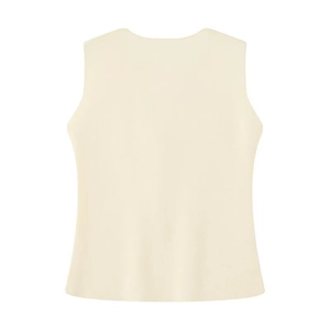 Detailed flat lay of a cream-white knit sleeveless vest with a minimalist round neckline