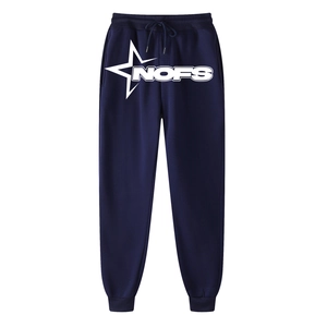 Detail of navy blue joggers showing white NOFS logo print and drawstring waistband