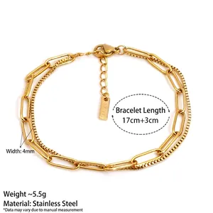 Double-layered gold stainless steel chain bracelet with paperclip and box link design