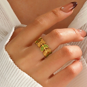 Vintage Leaf Open Ring Stainless Steel Green Enamel Laurel Branch Adjustable Finger Jewelry For Women