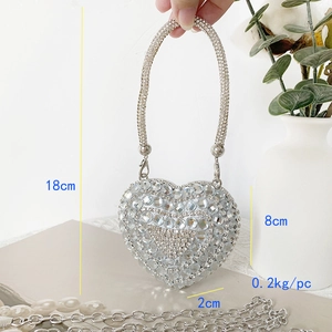 Mini silver heart rhinestone evening bag with dimensions 18x8x2cm and 0.2kg weight detail