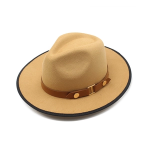 Vintage khaki wool felt jazz hat with black piped edge and brown leather belt buckle