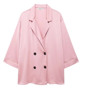 Rosa zweireihiger Blazer mit Plissee-Struktur und stilvollen halblangen Ärmeln